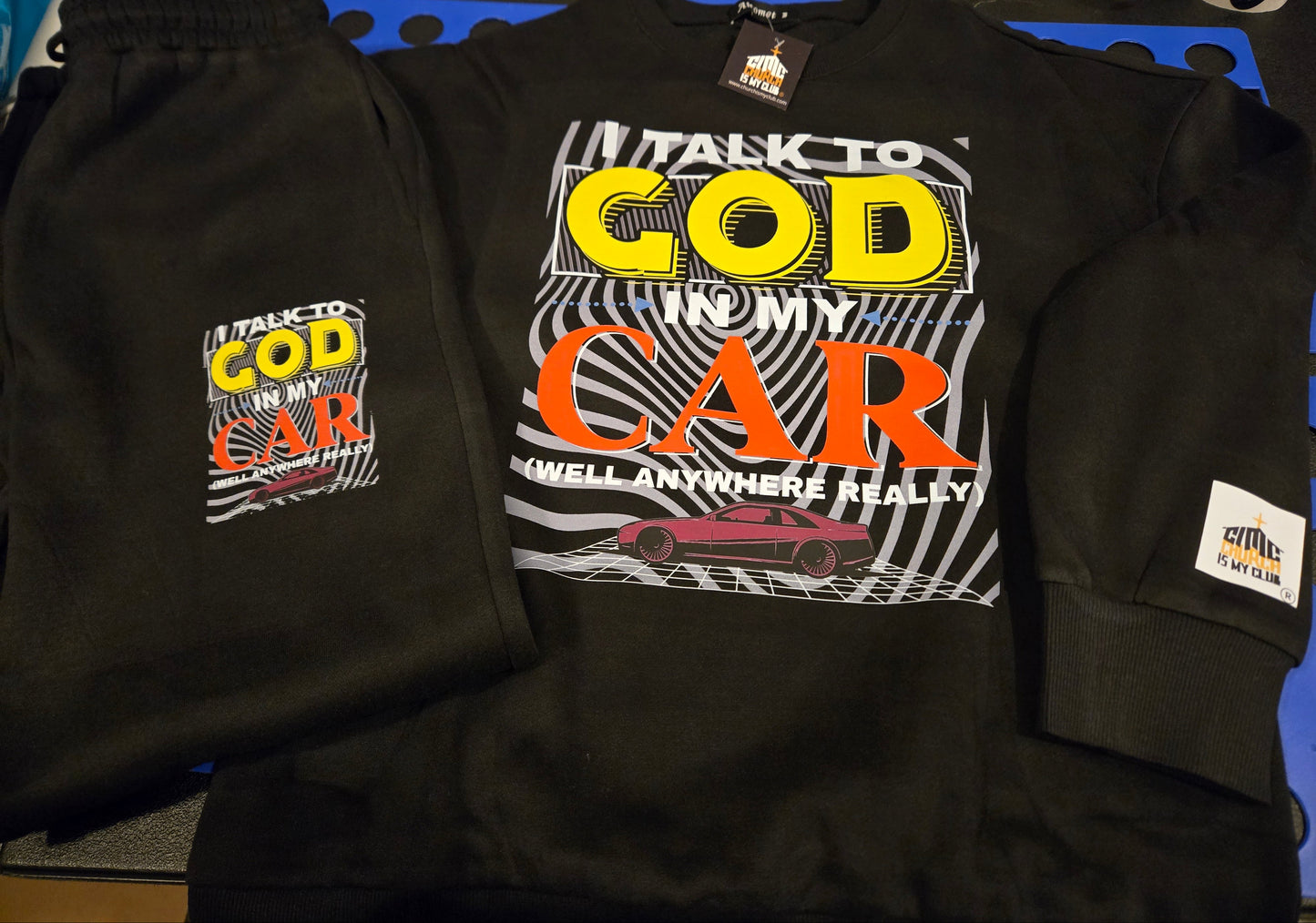 Black sweatshirt jogger set with "Talk with God" statement