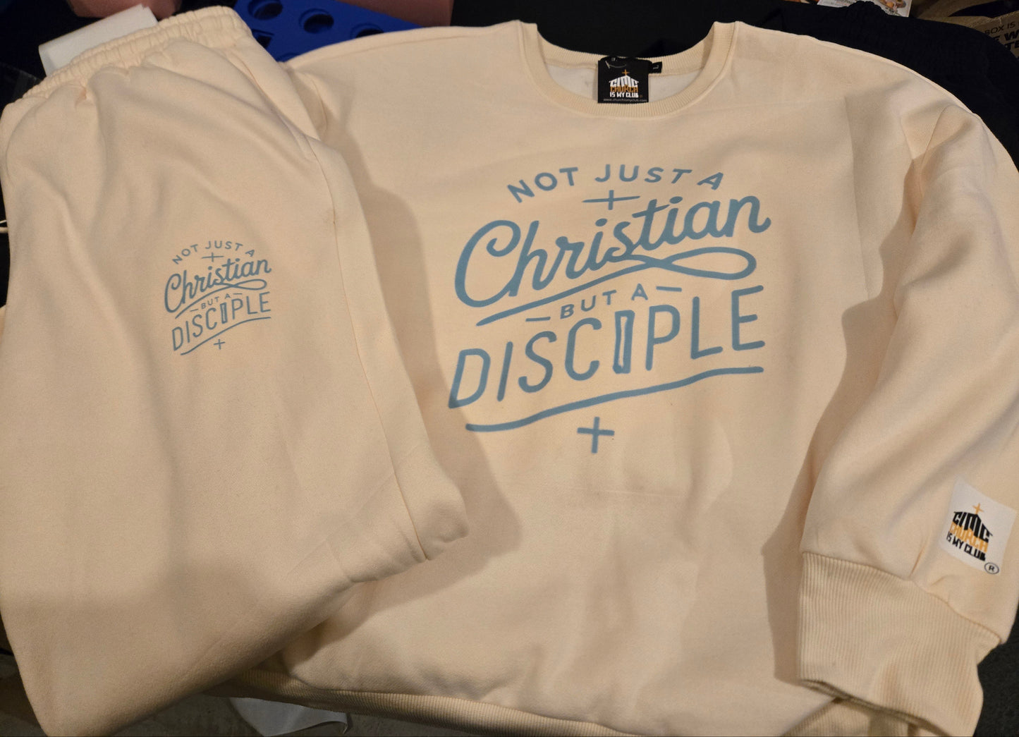 Beige sweatshirt jogger set w/ Disciple statement 