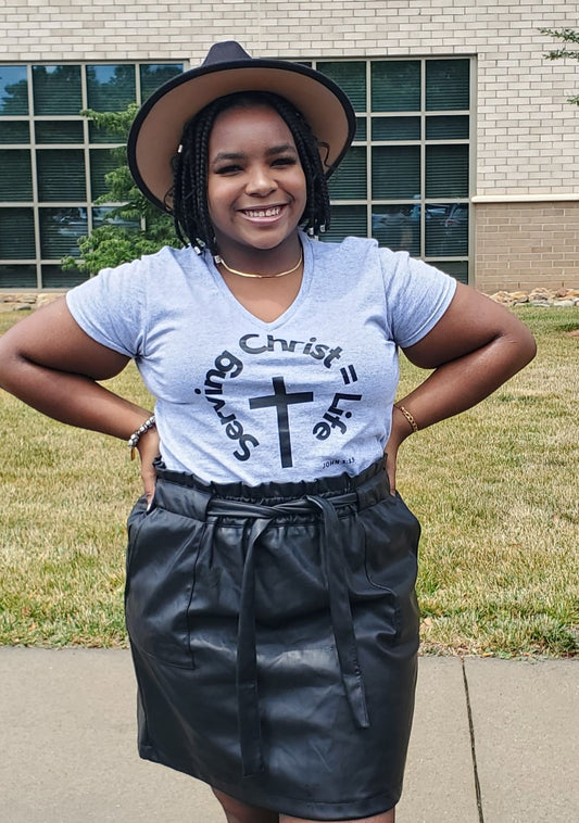 "Serving Christ =Life" Tshirt (Ladies- Vneck)